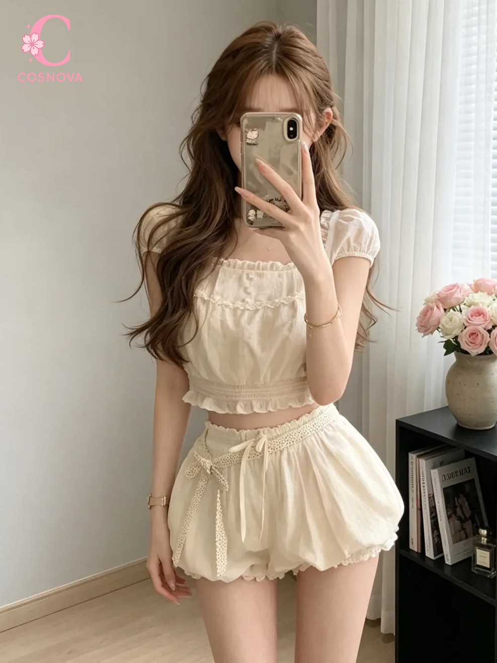 Elastic Lace Trim - 여름 코케트 스타일 스윗 투피스 세트