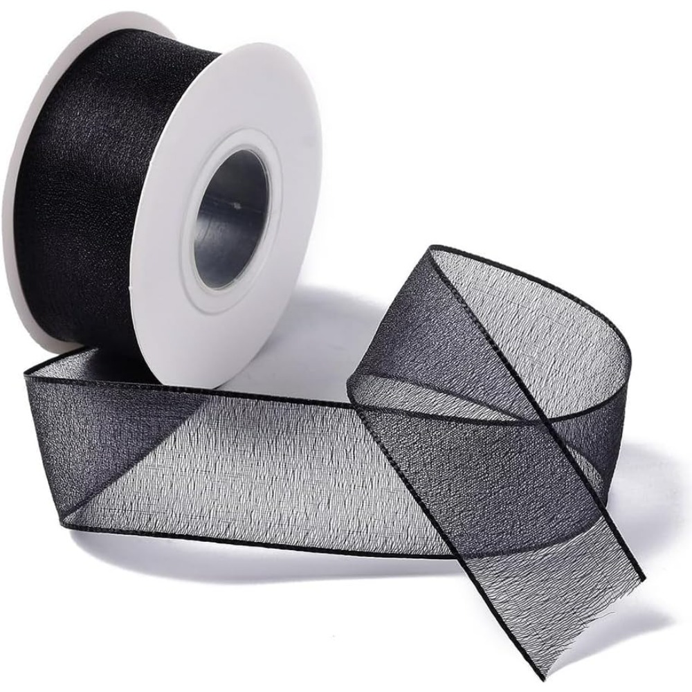 Organza Ribbon Spool - 1인치 검정색 오간자 리본 유선 시어