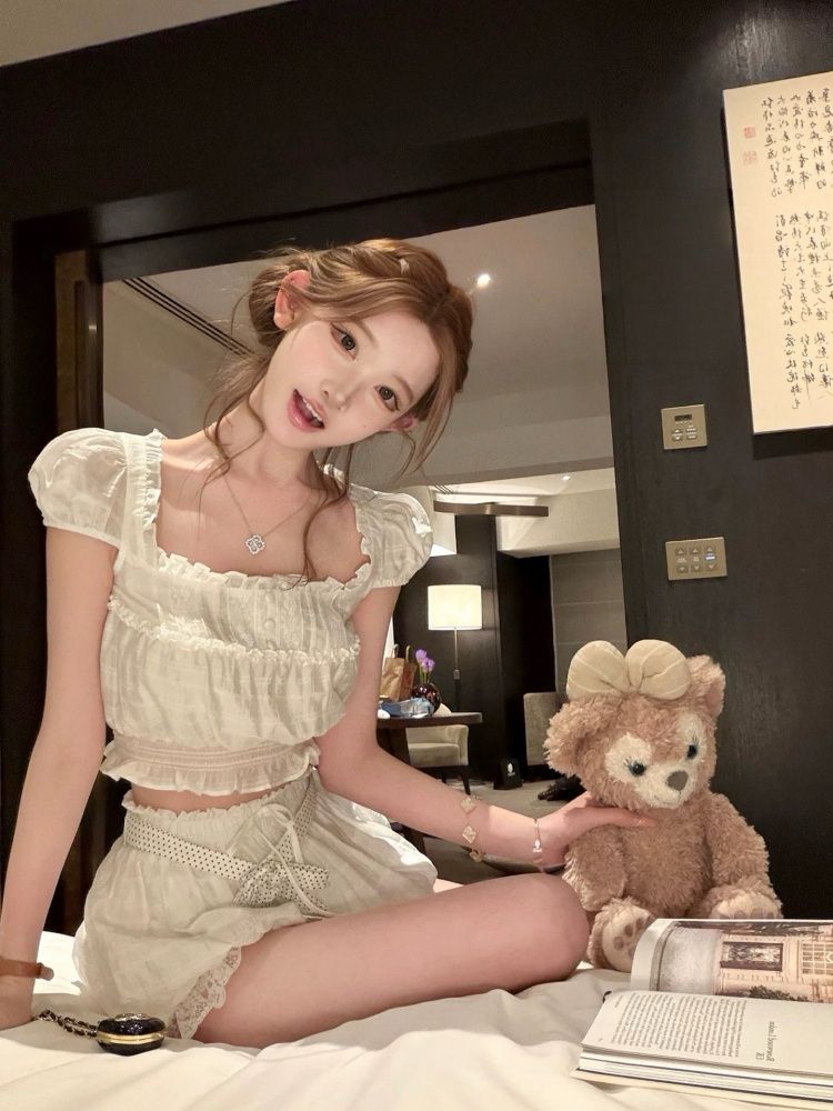 여름 코케트 스타일 스윗 투피스 세트 여성 스퀘어넥 퍼 - Elastic Lace Trim 리뷰 및 가격