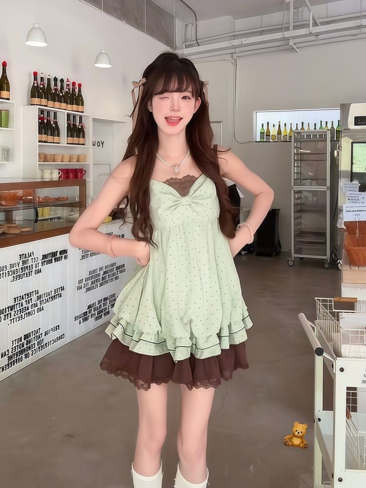 코케트 스위트 코리안 폴카 도트 캐미솔 드레스 여성용  - Elastic Lace Trim 리뷰 및 가격